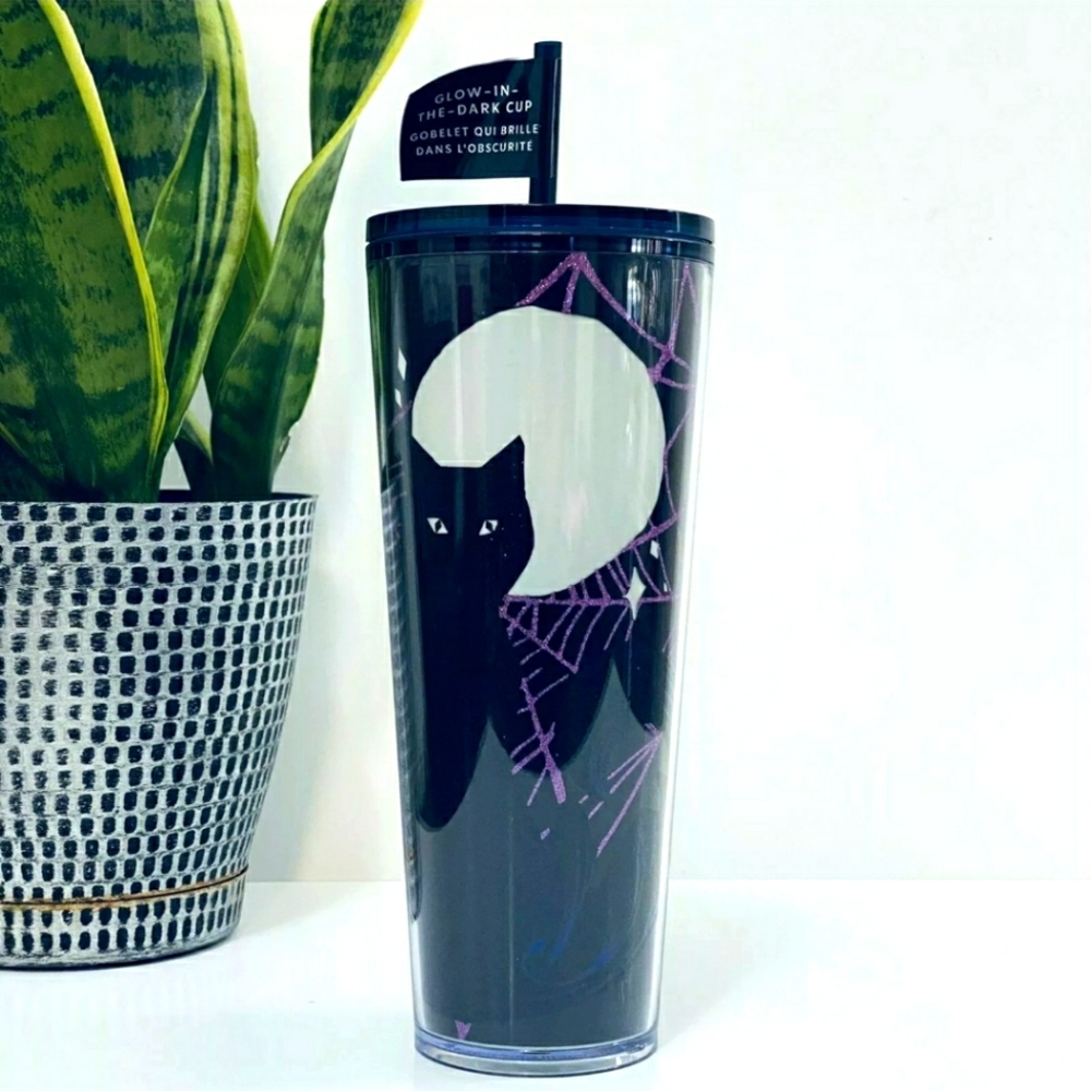 Starbucks Halloween 2021 Venti Tumbler Glow In The Dark Glitter Cat Moon Web HTF